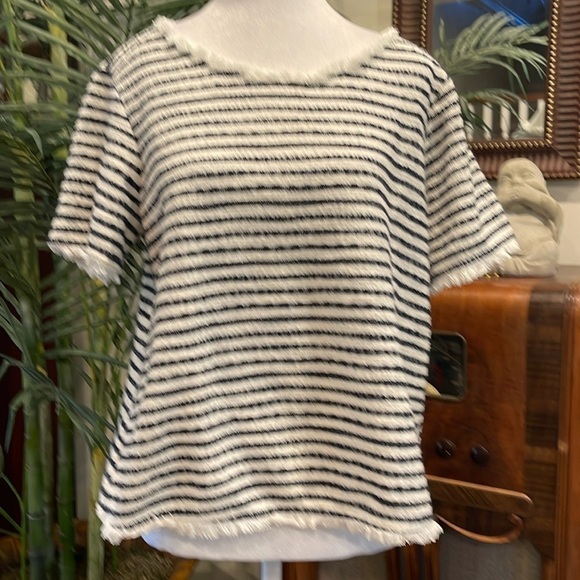 Tops - Green Envelope nubby cream/blue L striped  short sleeve top with frayed edges